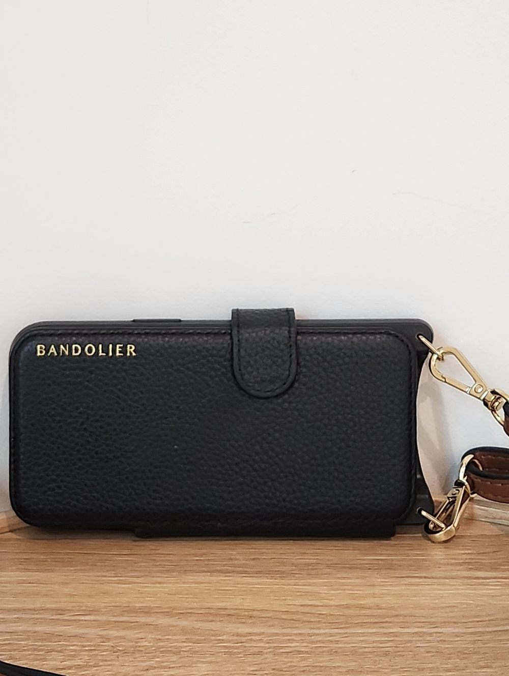 Bandolier Black Pebbled Leather Phone Case with Brown Strap